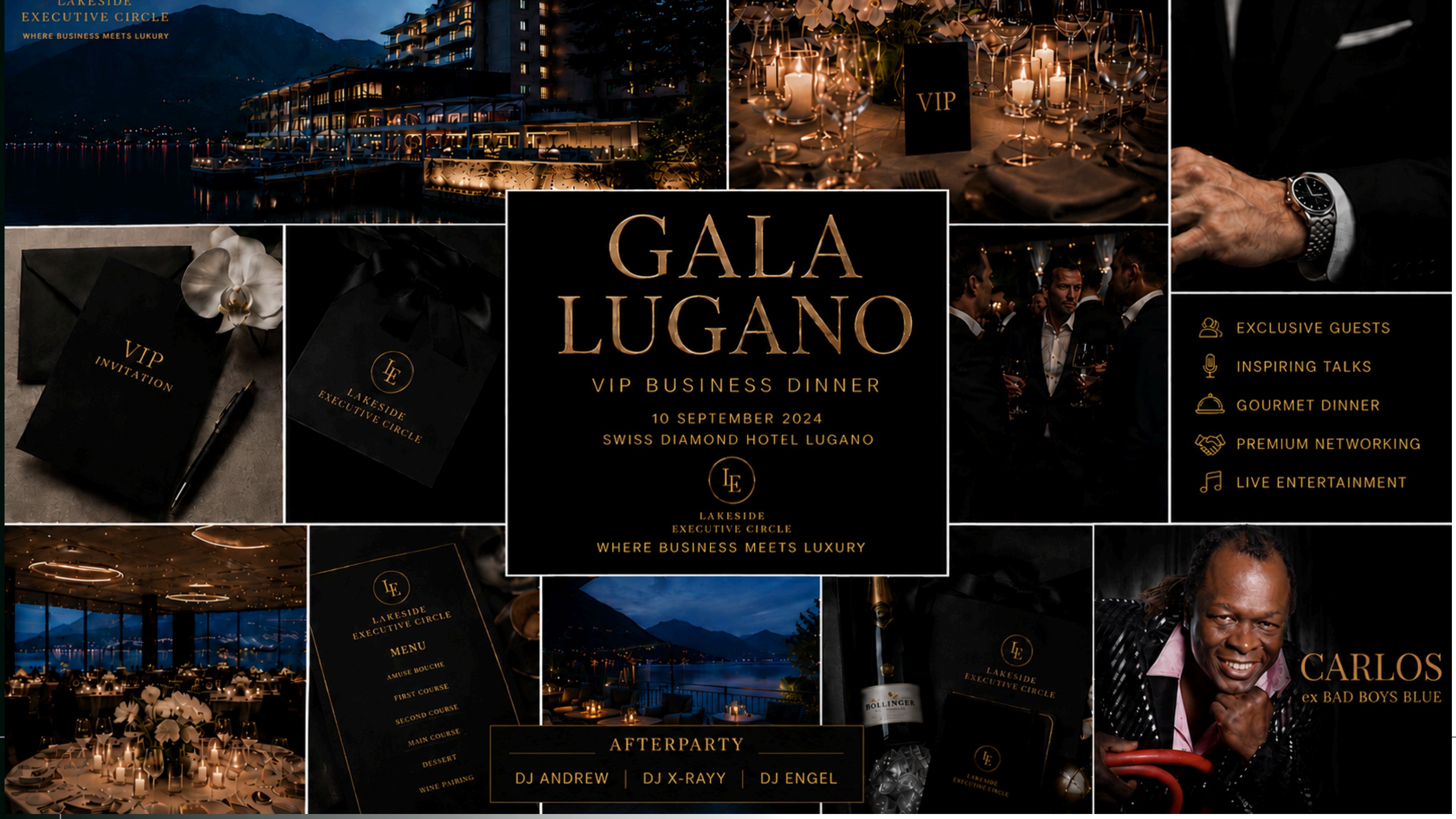 Gala Lugano evening collage — VIP invitation, gala tables, guests and Carlos